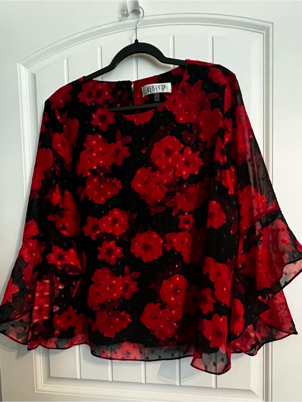 Kasper Black Sheer Blouse with Red Floral Print